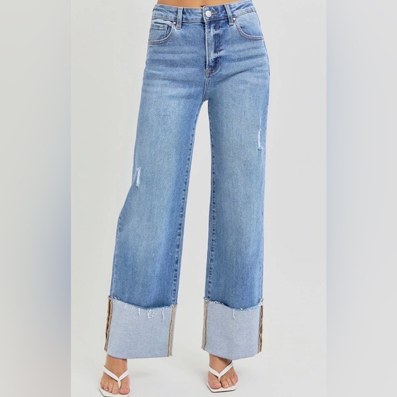 Risen Jeans Denim - Risen Chic Light Blue Wide Leg Jeans with chuffed bottoms w/ light distress 9/29
